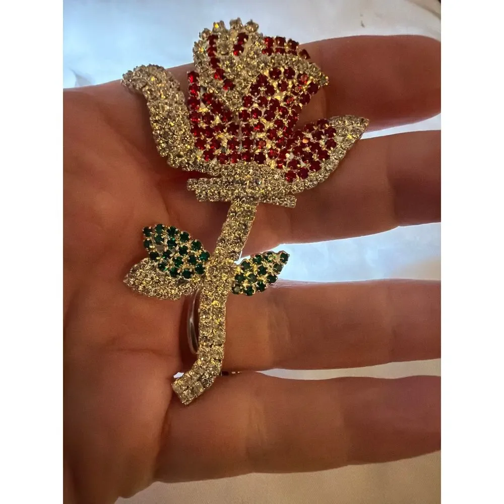 Large Red Rose Brooch Clear Red Green Rhinestones Silver Tone Flower Pin VTG